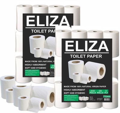 Eliza Toilet Paper Roll 3 Ply Pack of 9 (200 Pulls Each) Disposable (Toilet Paper/Toilet Roll/Tissue) Roll - 9.8 x 10 cm Pack of 9 Toilet Tissue Rolls (9x200) Pulls (1800)