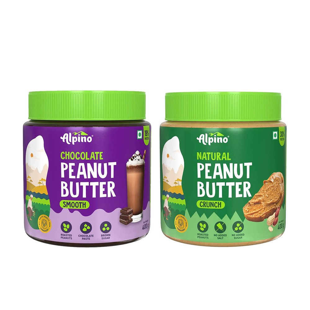 ALPINO Natural Peanut Butter Crunch 400g - 100% Roasted Peanuts - 30g Protein & ALPINO Chocolate Peanut Butter Smooth 400g
