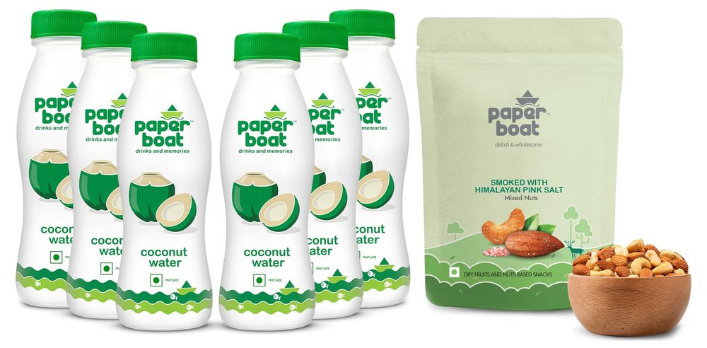 Paper Boat Smoked and Roasted Mixed Nuts with Himalayan Pink Salt, Pouch (200g) & Paper Boat Coconut Water, Refreshing Coconut Flavour, Vital Minerals (Pack of 6, 200ml Each)