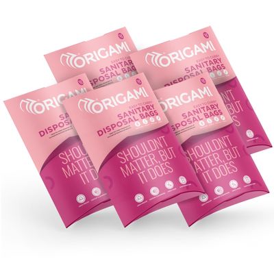 Origami Leakproof Sanitary Disposal Bags Pack of 5 (15 Bags Per Pack, Total 75 Bags) for Sanitary Pads, Baby Diapers, Panty Liner, Tampons, Condoms