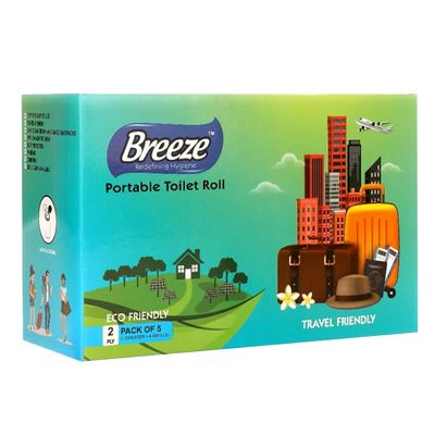 BREEZE 2-Ply Portable Toilet Roll Multipurpose Sheets - 50 Pulls, Pack of 5 (1 Canister + 4 Refills)- White