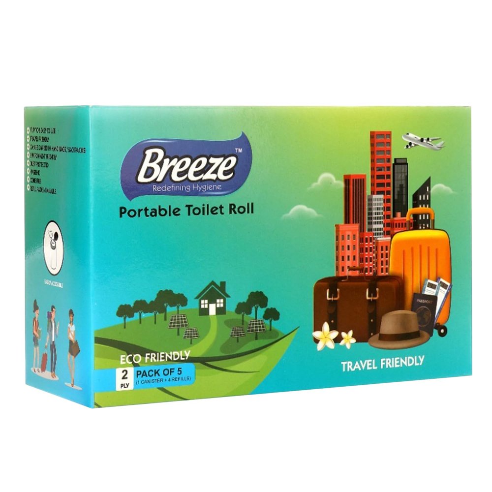 BREEZE 2-Ply Portable Toilet Roll Multipurpose Sheets - 50 Pulls, Pack of 5 (1 Canister + 4 Refills)- White