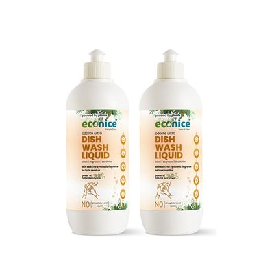 Econice Low Foaming Natural Dishwash Liquid - (500ml x 2) | Plant-Based, Biodegradable & Non-Toxic | Baby Safe, Skin Safe & Pet Safe | Tough on Grease & Stains | Eco-Friendly, Gentle on Hands & Dishes