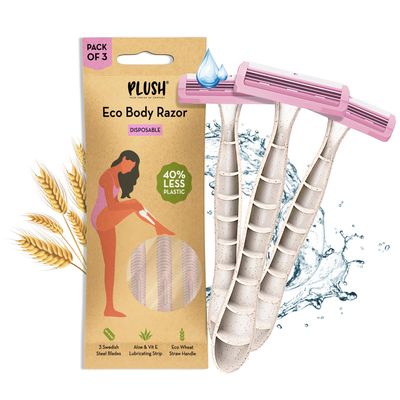 Plush Eco Disposable Body Razor for Women 3pc | Aloe & Vitamin E Lubricating Strip & Wheat Straw Handle | Irritation-Free Hair Removal with Swedish Steel 3 Blade Razor for Smooth Shave
