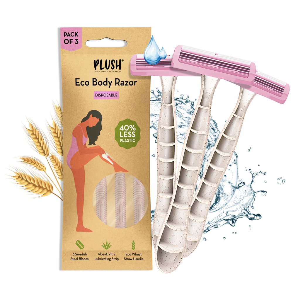 Plush Eco Disposable Body Razor for Women 3pc | Aloe & Vitamin E Lubricating Strip & Wheat Straw Handle | Irritation-Free Hair Removal with Swedish Steel 3 Blade Razor for Smooth Shave