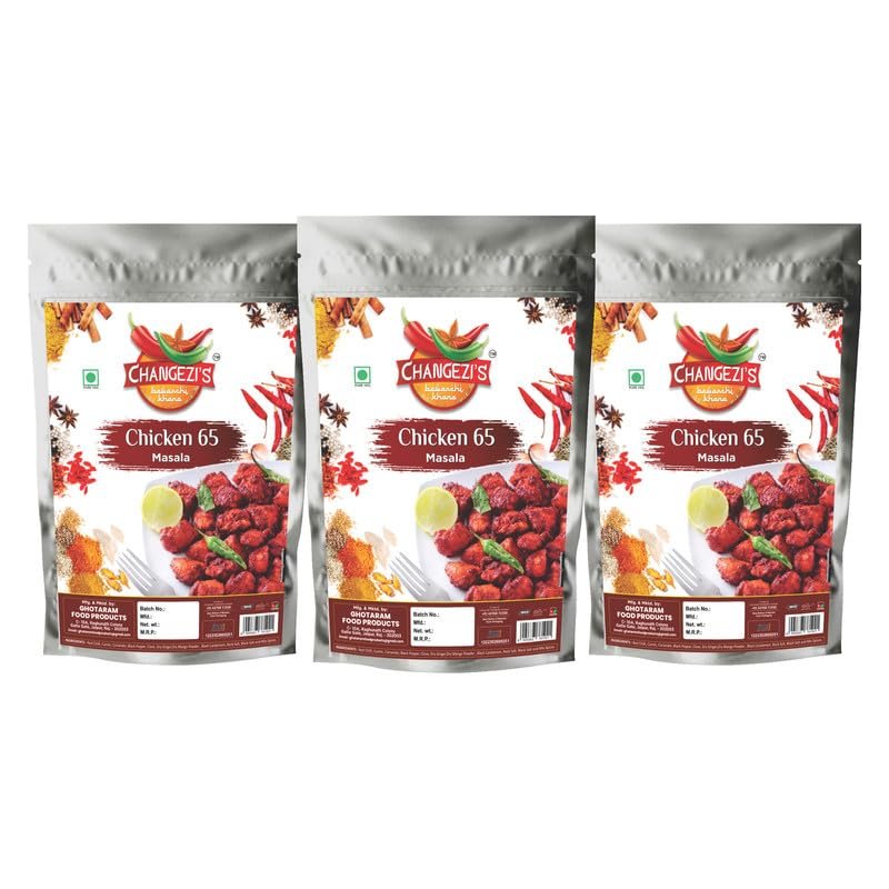 Changezi's Classic Chicken 65 Masala Powder Aromatic & Zaikedar Chicken 65 Masala | Ready To Use Kori Sukka Masala | Flavourful Spice Mix - Easy to Cook Restaurant Style 65 Masala-80Gx3Pk