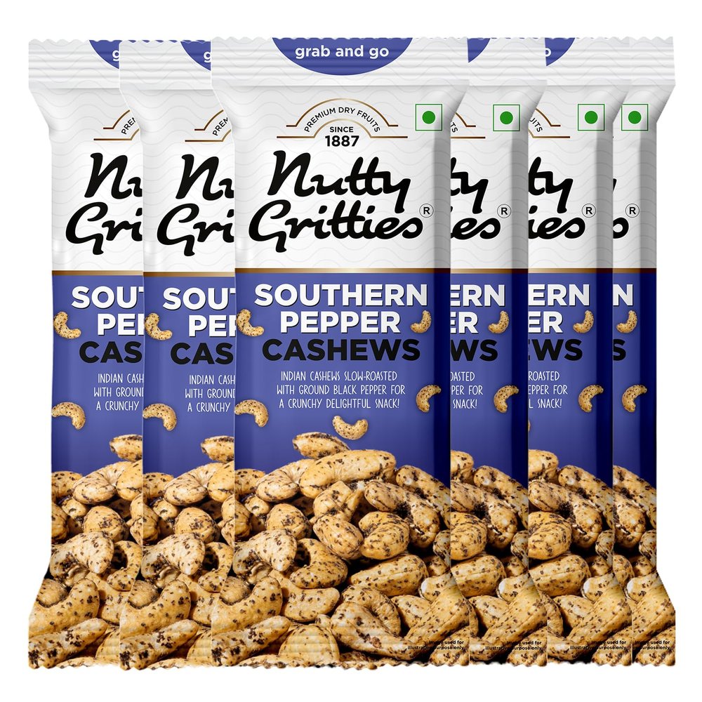 Nutty Gritties Premium Jumbo Size Southern Pepper Cashew Nuts 240g, Natural Flavoured Whole Cashew | W240 | Zero Breakage | Resealable Pouch | Each Pouch 40g | Pack of 6
