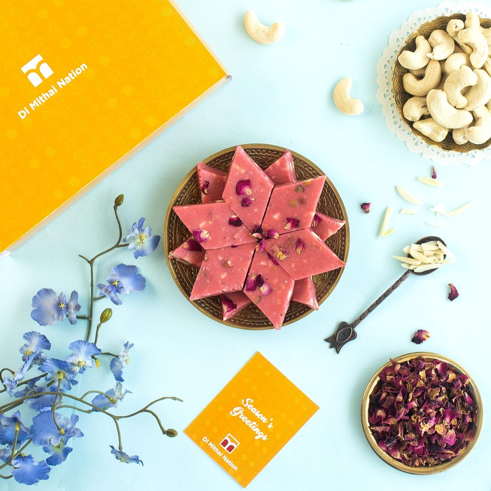 DI MITHAI NATION Rose Katli (200 Gram) with Blue Tokai Rakhi Set of 2 for Brother Rakhi with Sweets Gift Pack