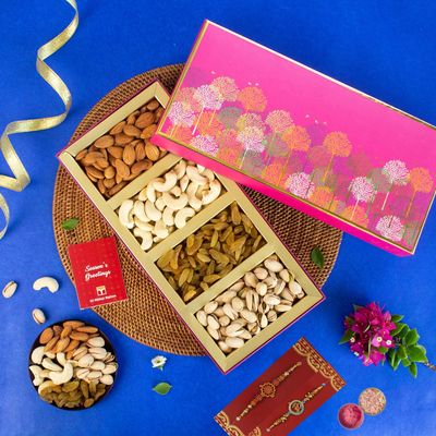 DI MITHAI NATION Cashew, Almond, Pistachio and Raisin (50 Gram Each) In Classic Pink Tree Box with Elegant Om Rakhi Set of 2 for Rakshabandhan Gift Pack