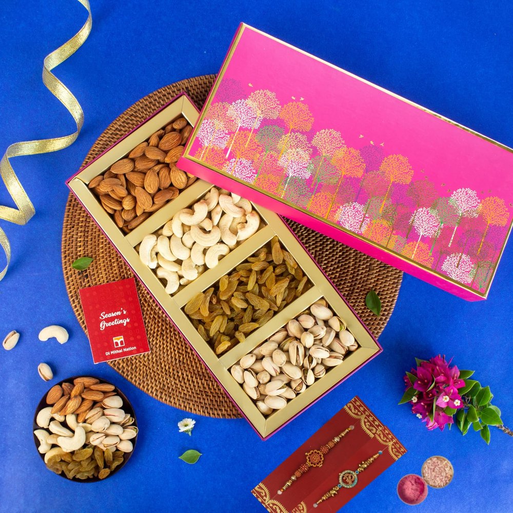 DI MITHAI NATION Cashew, Almond, Pistachio and Raisin (50 Gram Each) In Classic Pink Tree Box with Elegant Om Rakhi Set of 2 for Rakshabandhan Gift Pack