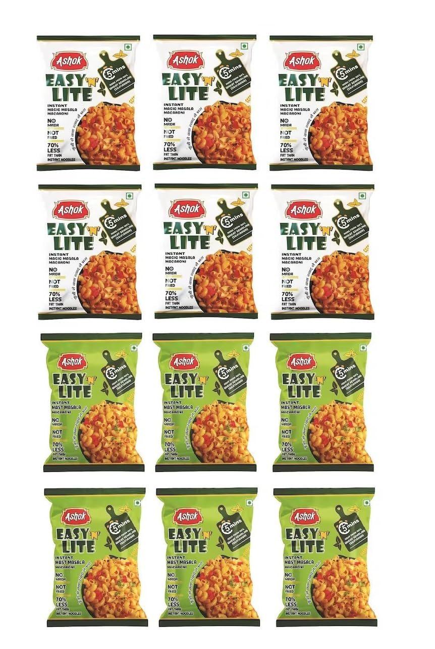 ASHOK EASY'n LITE Mast/Magic Masala Instant Macaroni 55g,Not Fried,0% Cholesterol,100% Suji/Rawa,Vegan Friendly (Pack Of 12, Instant Macaroni Mast &Magic Masala (comboo))