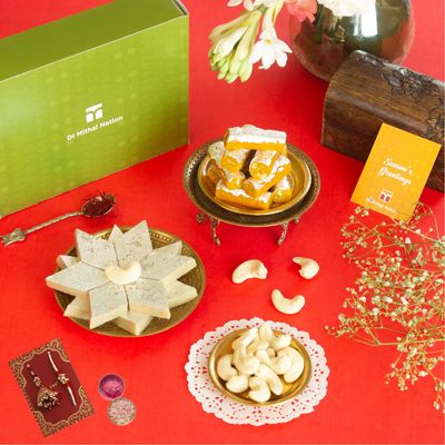 DI MITHAI NATION Kaju katli (200 Gram) Kaju Kesar Roll (200 Gram) with Padmini Red Bhaiya Bhabhi Rakhi Set for Rakshabandhan