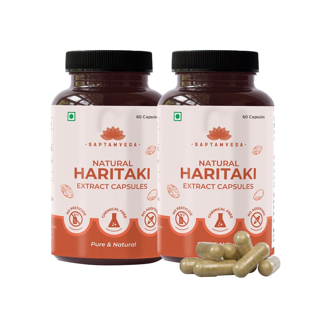 Saptamveda Natural Harad/Haritaki Powder Capsules - 500mg | 60 Capsules (Pack of 2) | Immunity Booster, Relieves Constipation, Regulates Bowel