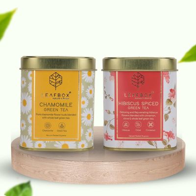 Leafbox Green Tea Combo Chamomile Green Tea & Hibiscus Spiced Green Tea | Whole Leaf | VACUUM PACKED LOOSE LEAF TIN | 75 Grams | Leafbox GREEN TEA