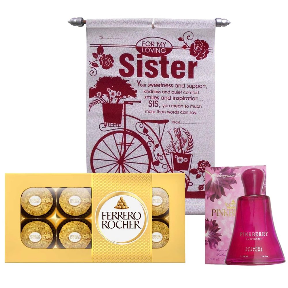 Saugat Traders Rakhi Gift Set for Sister | Scroll Card with Perfume and Chocolate Box | Rakhi Return Gift for Younger Sister, Elder Sister