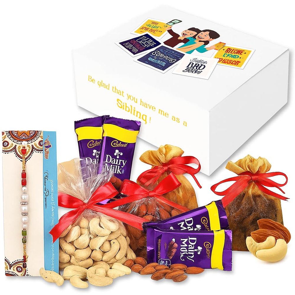 Bay Nut Premium Rakhi dryfruit Hamper for Brother 300gm dryfruits,rolichawal, 4 choclates, card, 2 rakhi, colourful box