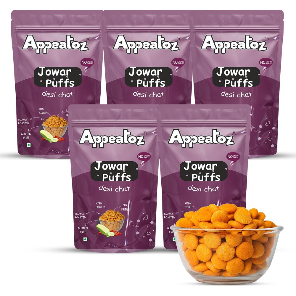 Appeatoz Jowar Puffs - Desi Chat | Roasted, Not Fried | Gluten-Free & High Protein | No Added Sugar | Healthy Snack for Kids & Adults | Sorghum-Based | Baked Grain Snack | Pack of 5