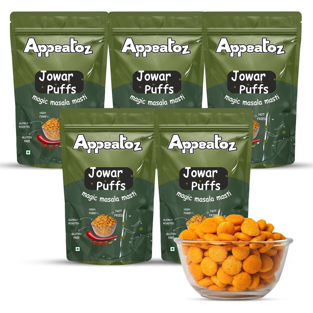 Appeatoz Jowar Puffs - Magic Masala | Roasted, Not Fried | Gluten-Free & High Protein | No Added Sugar | Healthy Baked Snack for Kids & Adults | Sorghum-Based | Crunchy Snack (Pack of 5)