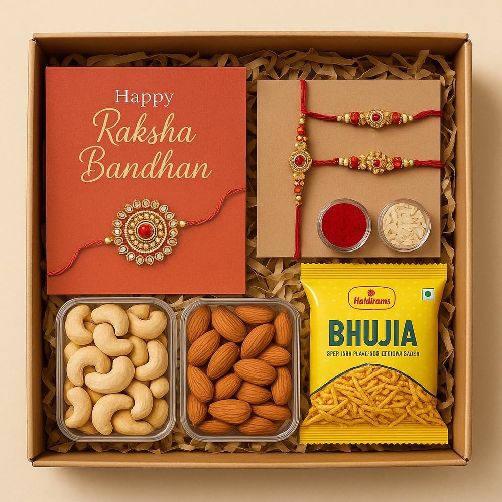 Bay Nut Rakhi Hamper for Brother (Combo - Cashew 50gm,Almonds 50gm.Rolichawal, bhujia, 1 card and 2 Assorted rakhi)