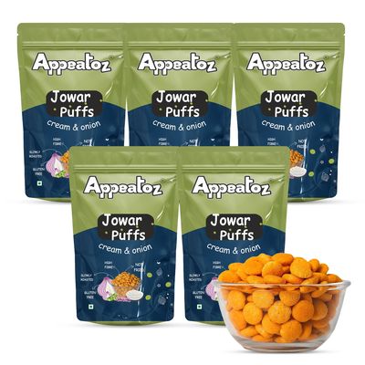 Appeatoz Jowar Puffs - Cream & Onion | Roasted, Not Fried | Gluten-Free & High Protein Snack | No Added Sugar | Healthy Baked Snack for Kids & Adults | Sorghum-Based Crunchy Snack | Pack of 5