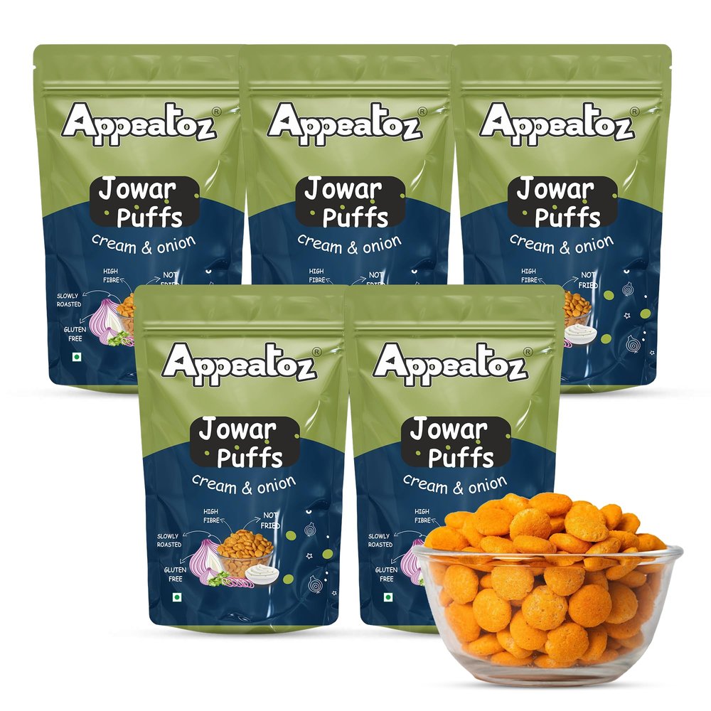 Appeatoz Jowar Puffs - Cream & Onion | Roasted, Not Fried | Gluten-Free & High Protein Snack | No Added Sugar | Healthy Baked Snack for Kids & Adults | Sorghum-Based Crunchy Snack | Pack of 5