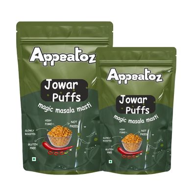 Appeatoz Jowar Puff - Magic Masala Masti | Slow Roasted Millet Snack | Gluten-Free | No Transfat | No Added Sugar | Crispy Healthy Snack for Travel, Movie Time, Picnic | Pack of 2