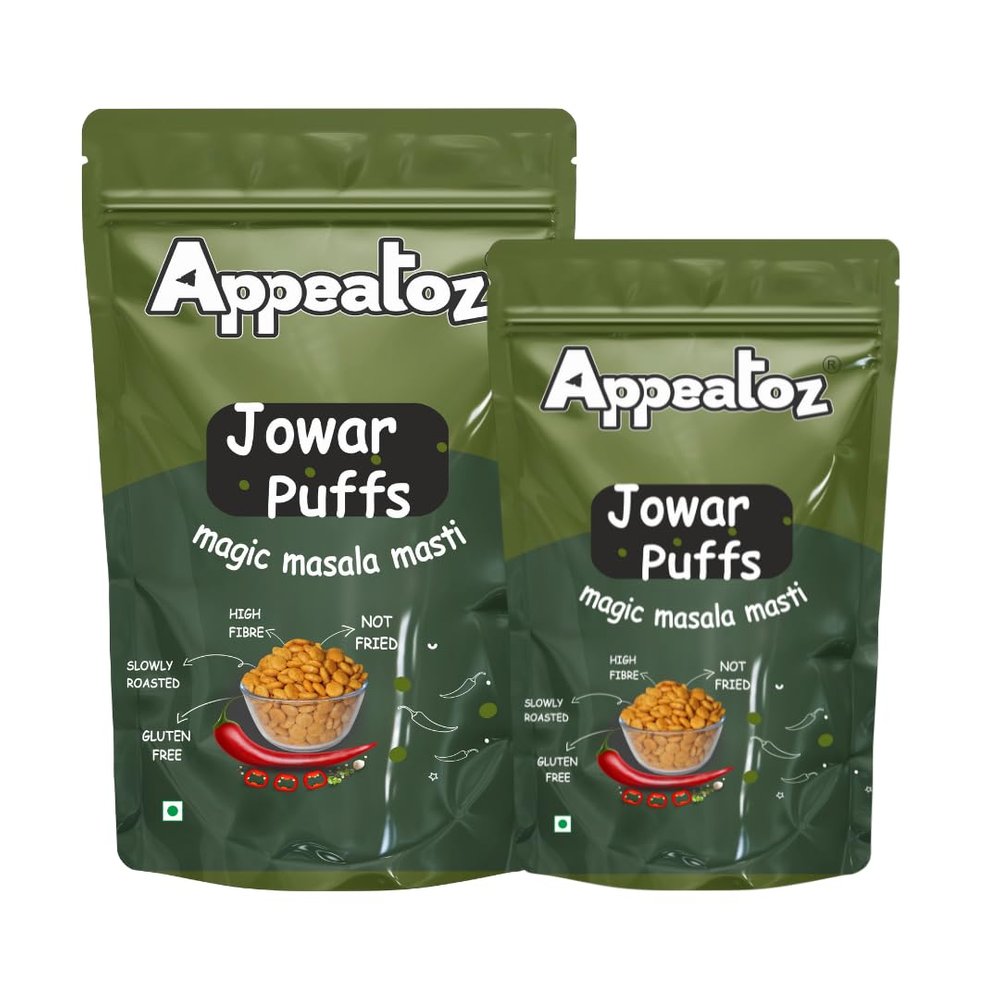 Appeatoz Jowar Puff - Magic Masala Masti | Slow Roasted Millet Snack | Gluten-Free | No Transfat | No Added Sugar | Crispy Healthy Snack for Travel, Movie Time, Picnic | Pack of 2