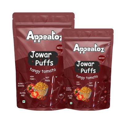 Appeatoz Jowar Puff - Tangy Tomato | Slow Roasted Millet Snack | Gluten-Free | No Transfat | No Added Sugar | Crispy Healthy Snack for Travel, Movie Time, Picnic | Light Baked | Pack of 2