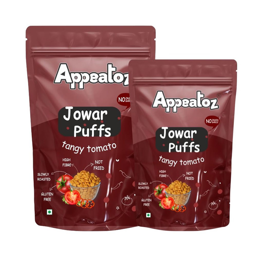Appeatoz Jowar Puff - Tangy Tomato | Slow Roasted Millet Snack | Gluten-Free | No Transfat | No Added Sugar | Crispy Healthy Snack for Travel, Movie Time, Picnic | Light Baked | Pack of 2