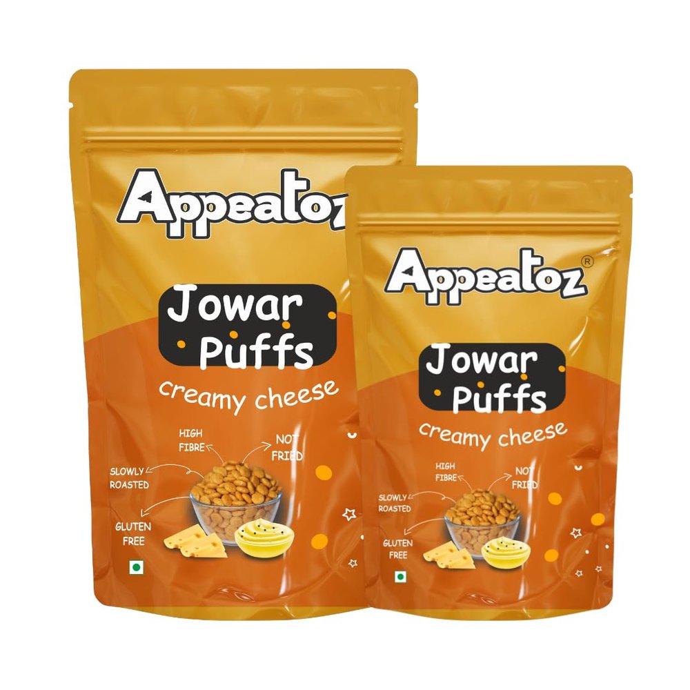 Appeatoz Jowar Puff - Creamy Cheese | Slow Roasted Millet Snack | Gluten-Free | No Transfat | No Added Sugar | Crispy Healthy Snack for Travel, Movie Time, Picnic | Cheesy Baked Snack | Pack of 2