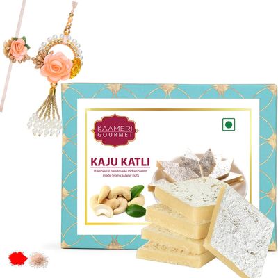 Kaameri Bazaar Rakhi for Brother and bhabhi combo with Sweets - Rakhi and lumba with Kaju Katli Gift Pack Greeting Card and Roli Chawal - Rakhi Gift for Brother and bhabhi - Pink Flower Rakhi