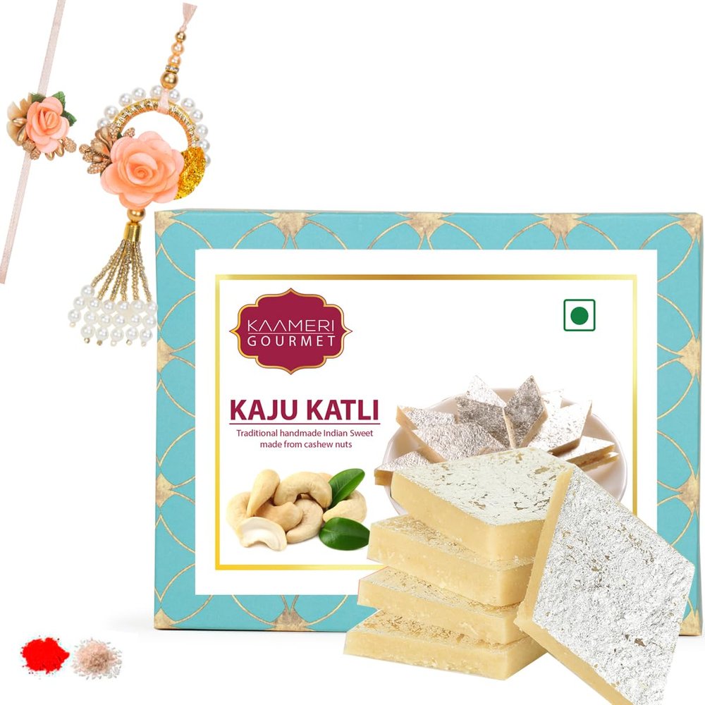 Kaameri Bazaar Rakhi for Brother and bhabhi combo with Sweets - Rakhi and lumba with Kaju Katli Gift Pack Greeting Card and Roli Chawal - Rakhi Gift for Brother and bhabhi - Pink Flower Rakhi