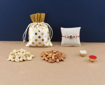 SFU E Com Rakhi With Dry Fruit Potli For Rakshabandhan Gift | Dry Fruit Gift Potli For Brother | Dry Fruits Gift Potli | Rakhi With Dryfruits | 017