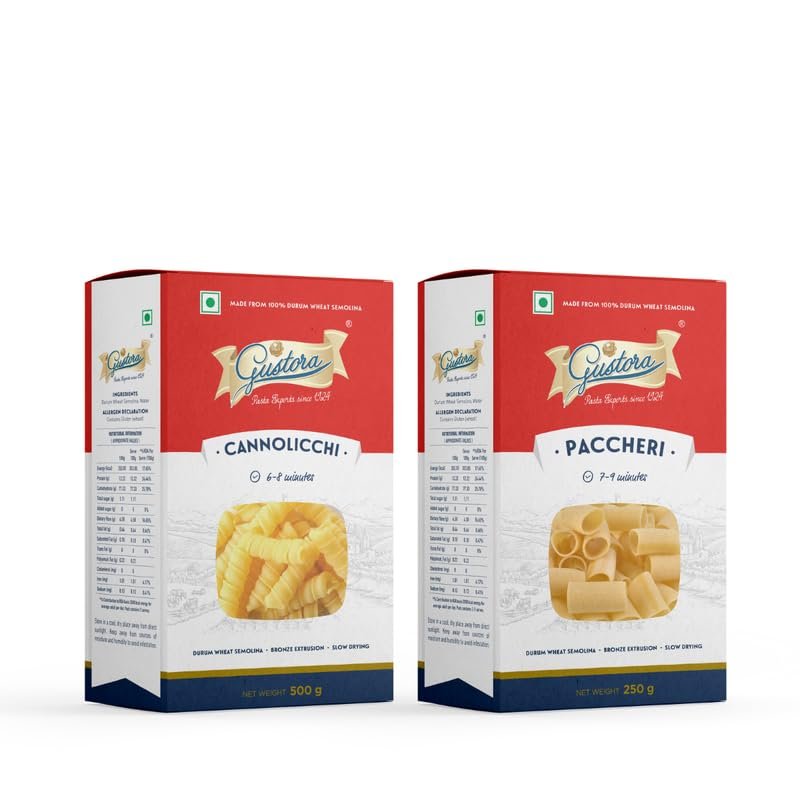 Gustora Durum Wheat Semolina Cannolicchi Pasta, 500g & Paccheri Pasta, 250g Combo I Vegetarian Pasta I Rich in Fibre & Protein - 750G