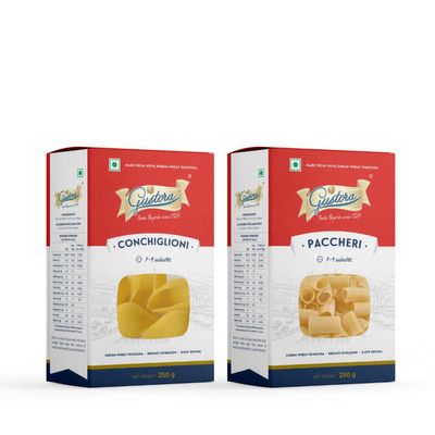 Gustora Durum Wheat Semolina Conchiglioni Pasta, 250g & Paccheri Pasta, 250g Combo I Vegetarian Pasta I Rich in Fibre & Protein - 500G