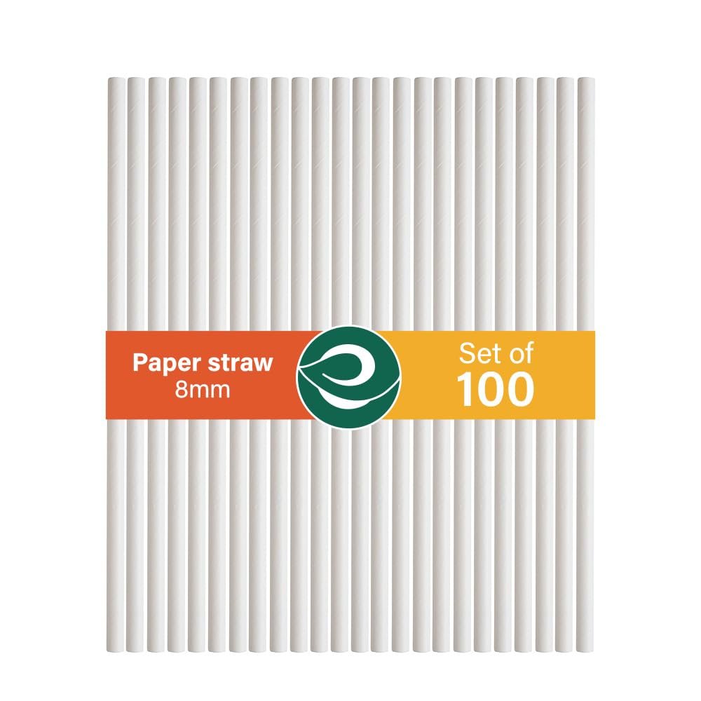 ECO SOUL [8 mm, 100 Count] Biodegradable Paper Straws | Eco-Friendly Compostable Sustainable Disposable Drinking Straws | Juice Smoothie Thick Shakes Non-Bendable White Straws (Wide)