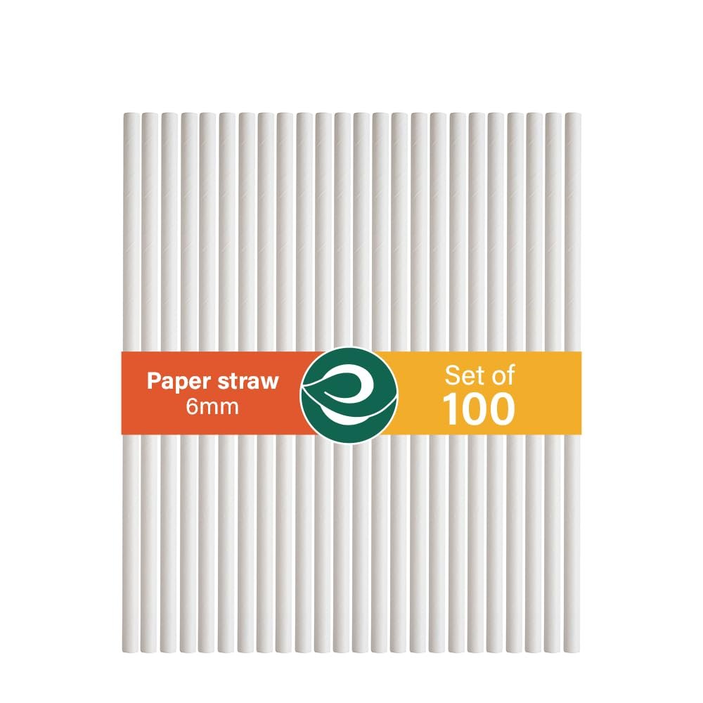 ECO SOUL [6 mm, 100 Count] Biodegradable Paper Straws | Eco-Friendly Compostable Sustainable Disposable Drinking Straws | Cocktail Cold Drink Juice Non-Bendable White Straws (Regular)