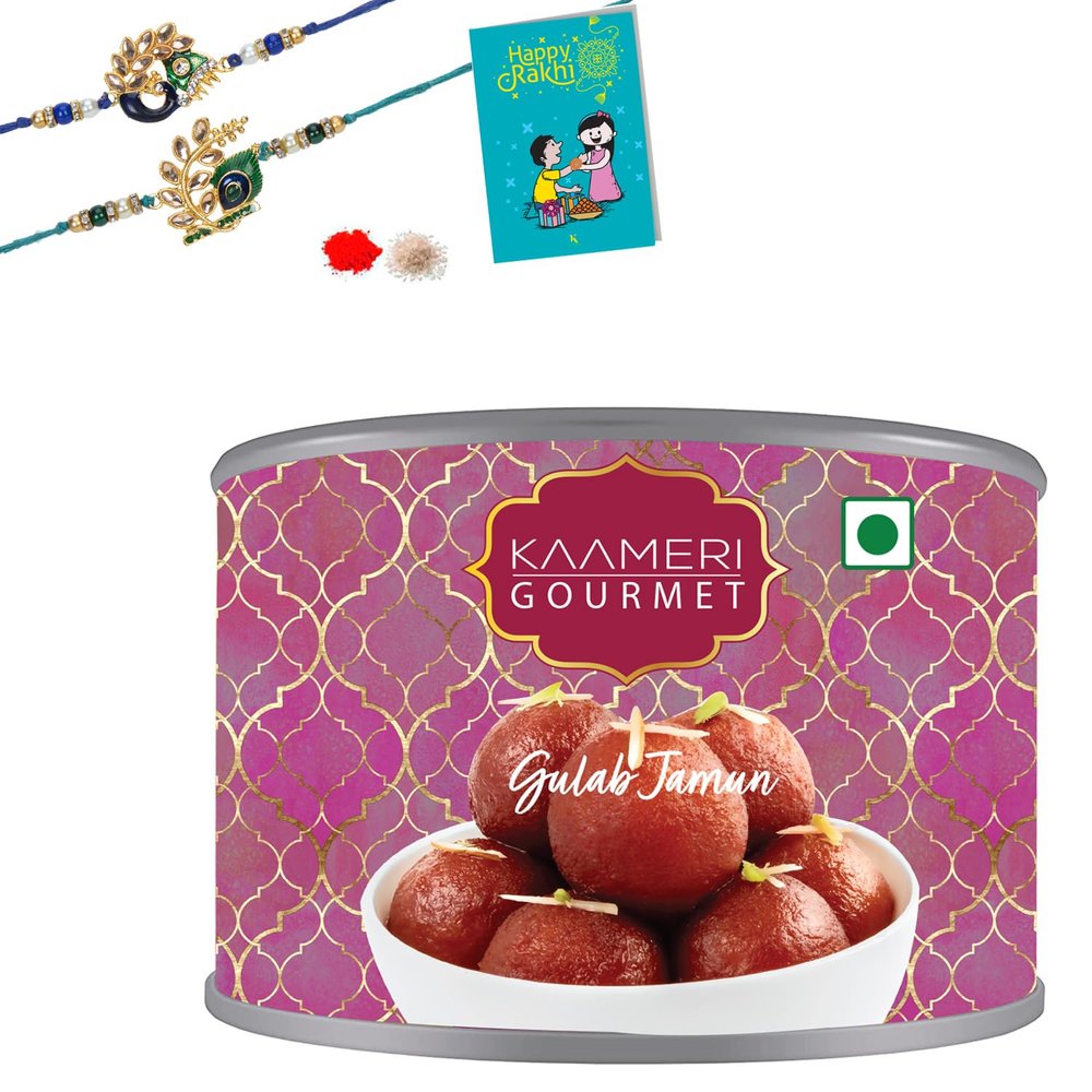 Kaameri Bazaar Rakhi for Brother combo with Sweets - Set of 2 Rakhi with Gulab Jamun Gift Pack Greeting Card and Roli Chawal - Rakhi Gift for Brother - Morepank Rakhi