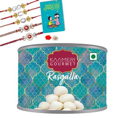 Kaameri Bazaar Rakhi For Brother combo With Sweets - Set of 5 Rakhi With Rasgulla Gift Pack Greeting Card And Roli Chawal - Rakhi Gift For Brother - Crystal rakhi,500 G