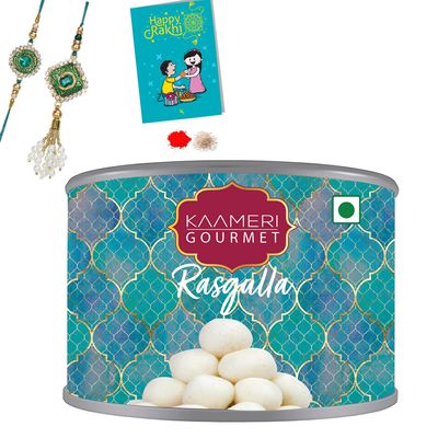 Kaameri Bazaar Rakhi For Brother And bhabhi combo With Sweets - Rakhi And lumba With Rasgulla Gift Pack Greeting Card And Roli Chawal - Rakhi Gift For Brother And bhabhi - Meenakari Rakhi,500 G