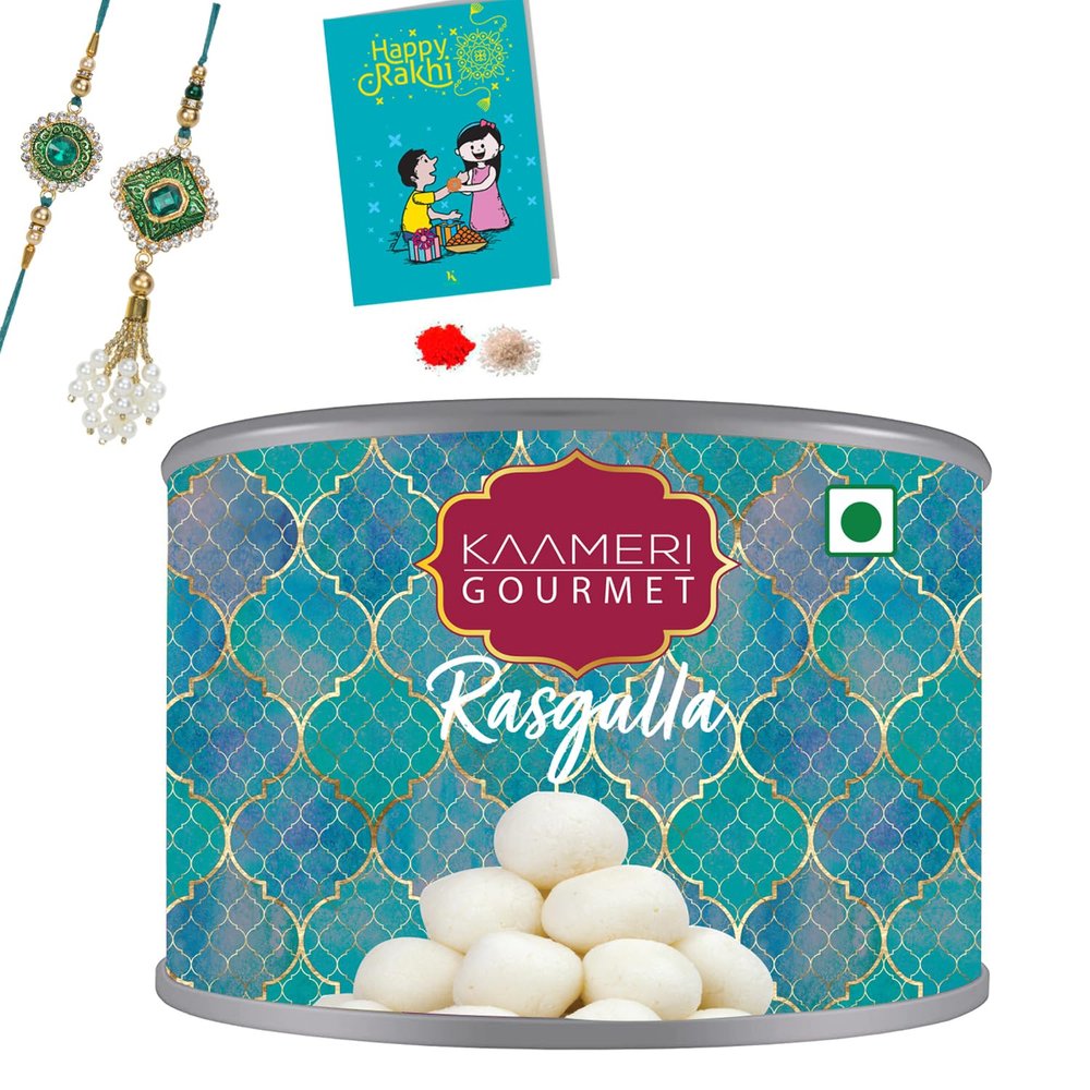 Kaameri Bazaar Rakhi For Brother And bhabhi combo With Sweets - Rakhi And lumba With Rasgulla Gift Pack Greeting Card And Roli Chawal - Rakhi Gift For Brother And bhabhi - Meenakari Rakhi,500 G