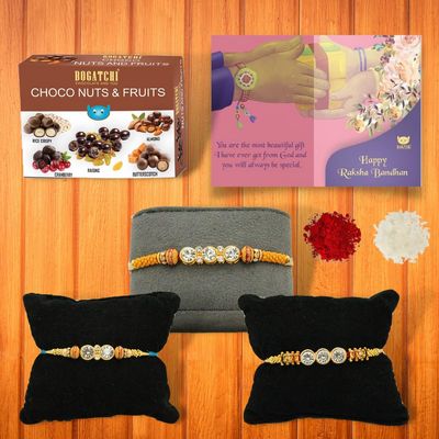 BOGATCHI Rakhi for brother, Rakhi sweets and chocolates, Choco Fruit n Nuts + 3 Rakhi 30 + Roli Chawal + Card
