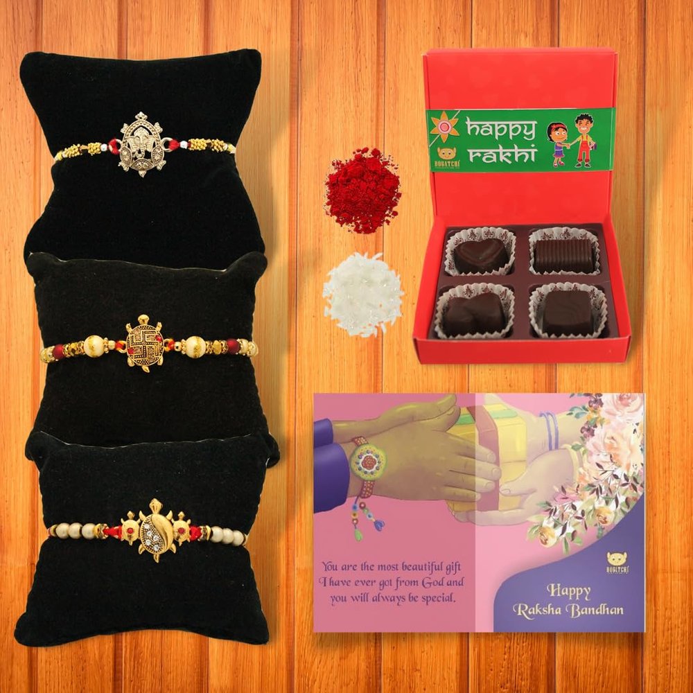 BOGATCHI Rakhi for brother, Rakhi sweets and chocolates, 4 Chocolate Box + 3 Rakhi 40 + Roli Chawal + Card