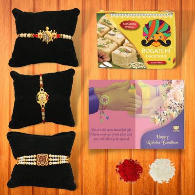BOGATCHI Rakhi for brother, Rakhi sweets and chocolates, Cultural Soan papdi + 3 Rakhi 30 + Roli Chawal + Card