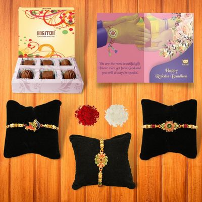 BOGATCHI Rakhi for brother, Rakhi sweets and chocolates, 6 Chocolate Box + 3 Rakhi 50 + Roli Chawal + Card