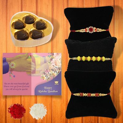 BOGATCHI Rakhi for brother, Rakhi sweets and chocolates, 5 Heart + 3 Rakhi 15 + Roli Chawal + Card