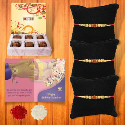 BOGATCHI Rakhi for brother, Rakhi sweets and chocolates, 6 Chocolate Box + 3 Rakhi 15 + Roli Chawal + Card