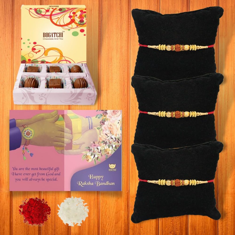 BOGATCHI Rakhi for brother, Rakhi sweets and chocolates, 6 Chocolate Box + 3 Rakhi 15 + Roli Chawal + Card
