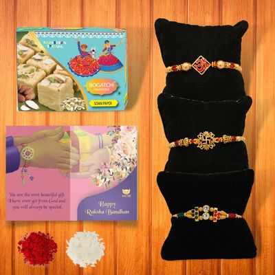 BOGATCHI Rakhi for brother, Rakhi sweets and chocolates, Traditional Soan papdi 200g + 3 Rakhi 30 + Roli Chawal + Card