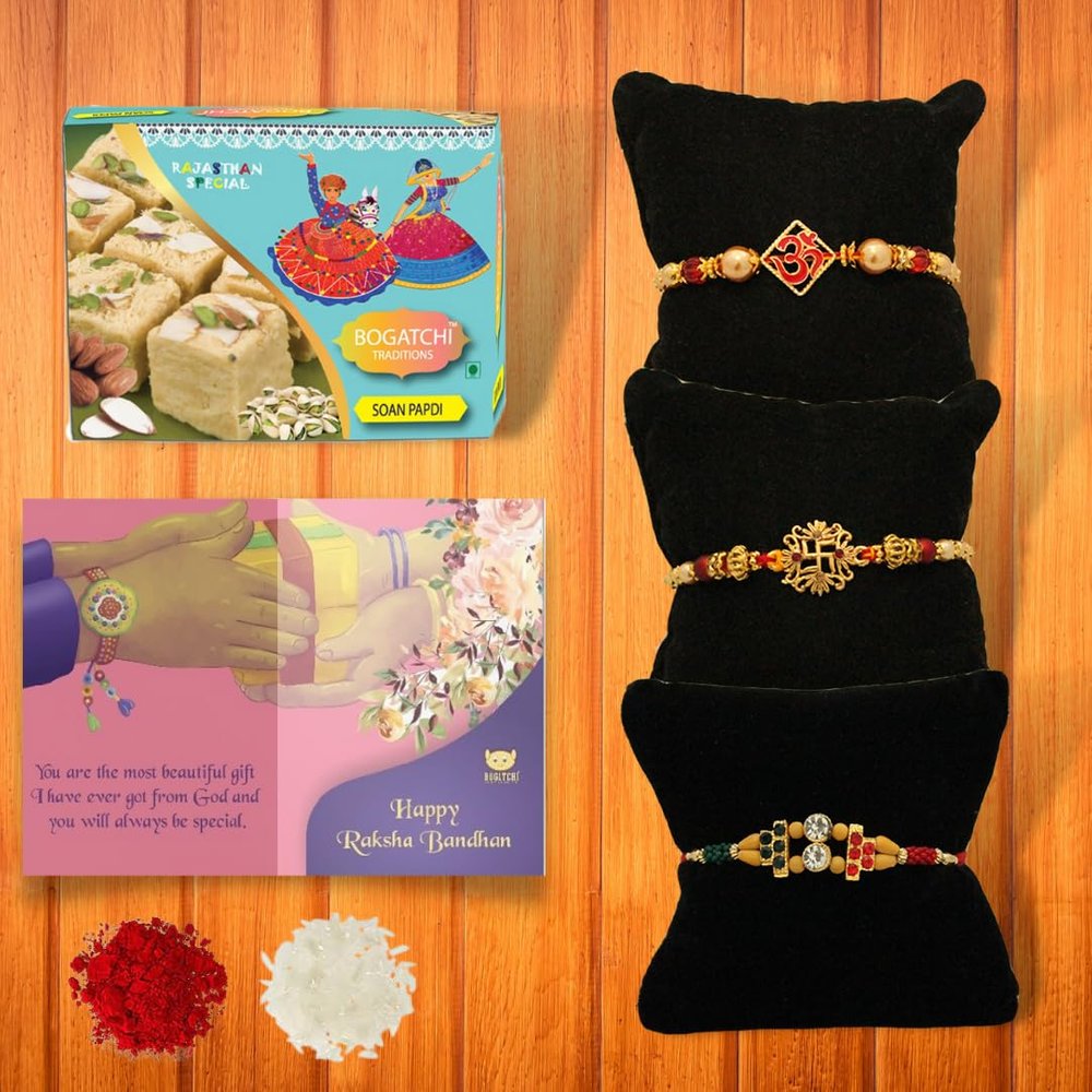 BOGATCHI Rakhi for brother, Rakhi sweets and chocolates, Traditional Soan papdi 200g + 3 Rakhi 30 + Roli Chawal + Card